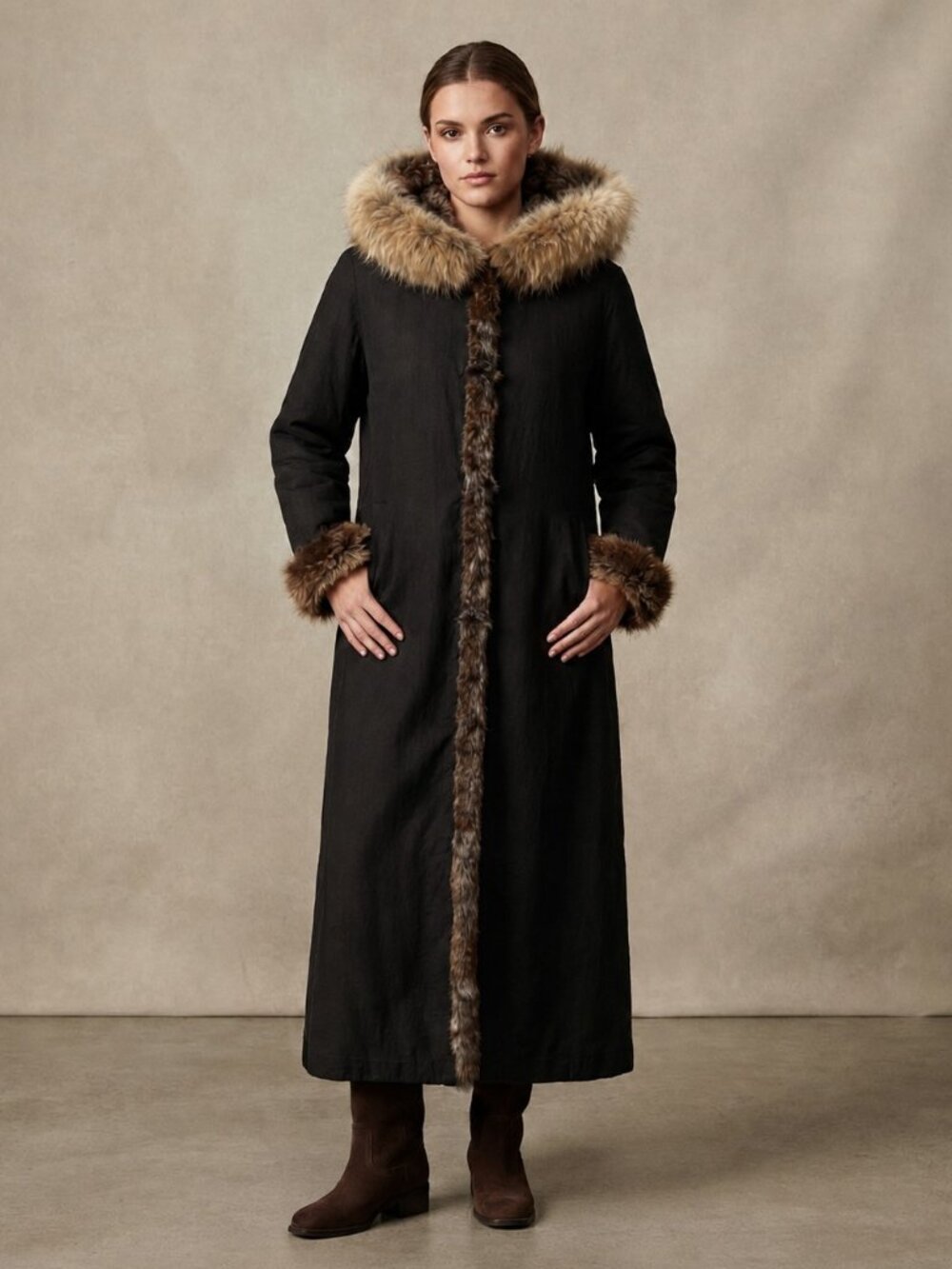 Vintage Jones New York Full Length Black Winter Coat Faux Fur Size 16